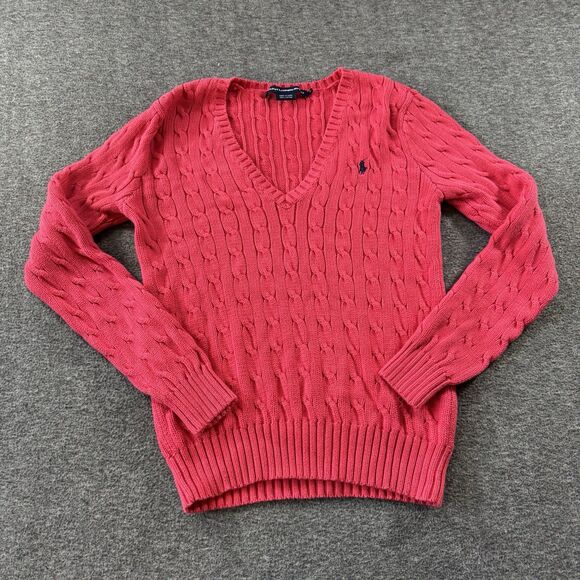 Ralph Lauren Sport Women's Pony Logo Cable Knit V Neck Sweater Pink Large Preppy - Picture 1 of 6